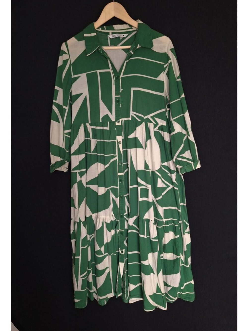 💙 Zara Green Geometric Tiered Midi Shirt Dress Size XL Cotton Button Front Over - Picture 8 of 8